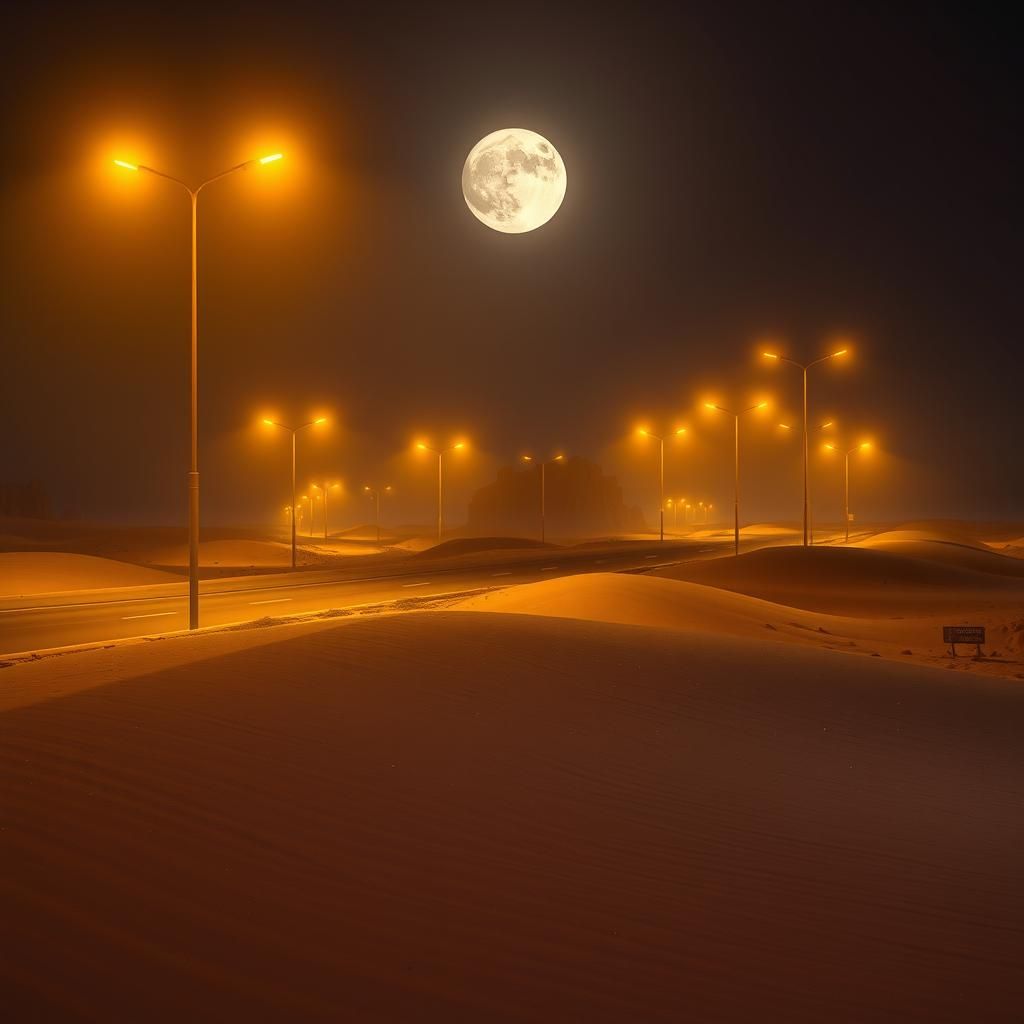 Desert Highway at Night in Dark Fantasy Style