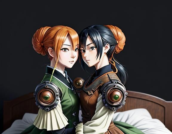 Twin Sisters Kissing in Steampunk Manga Style
