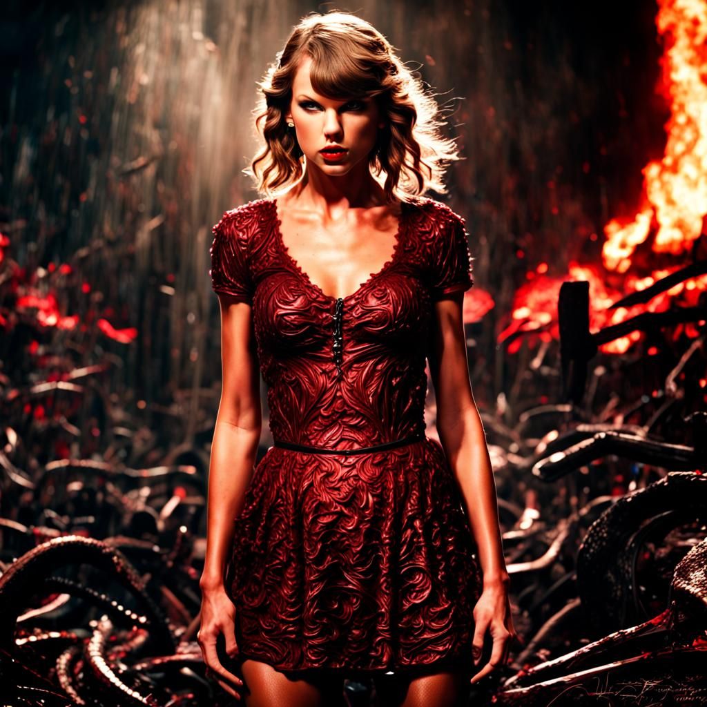 Hyperrealistic Taylor Swift in Hell: Cinematic Composition