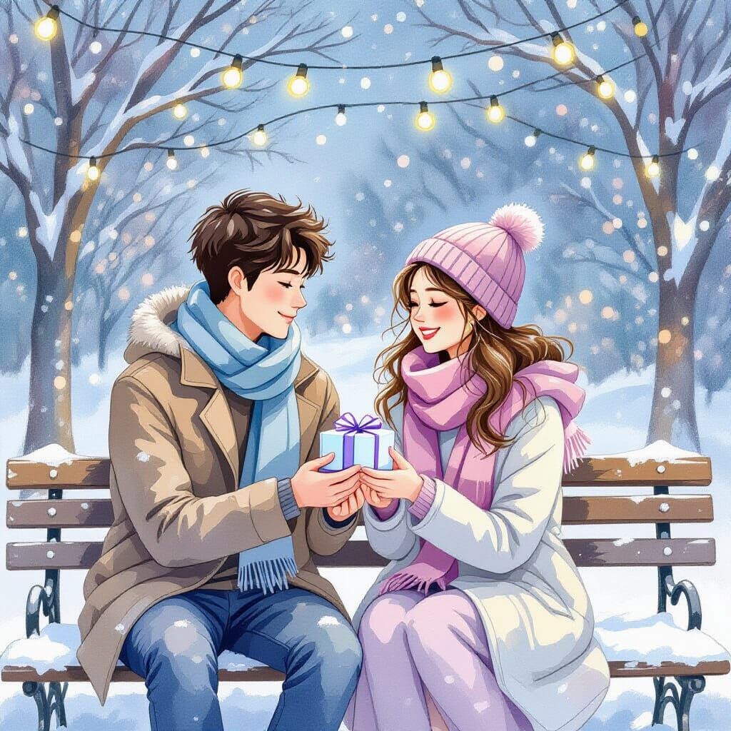 Romantic Winter Night: Couple with Gift