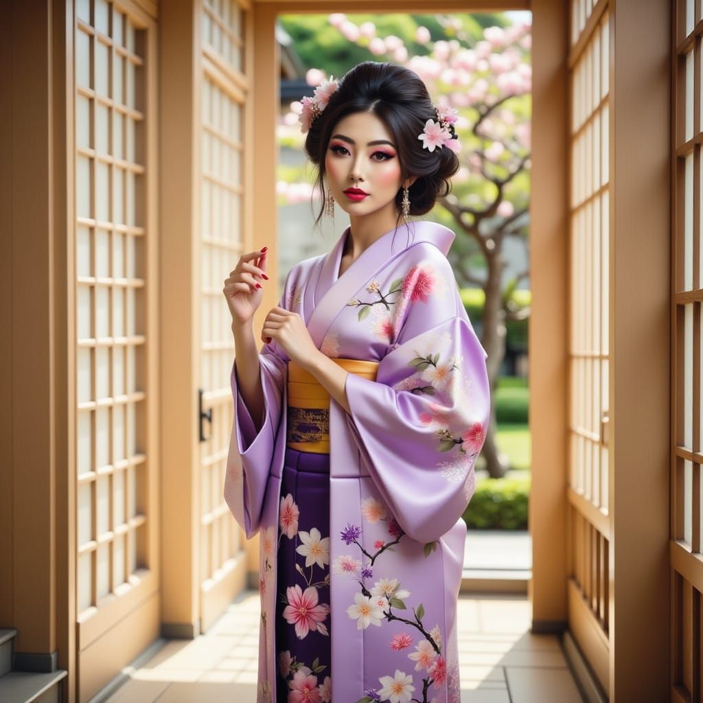 A full body view of A young woman, hyperrealistic, in a trad...