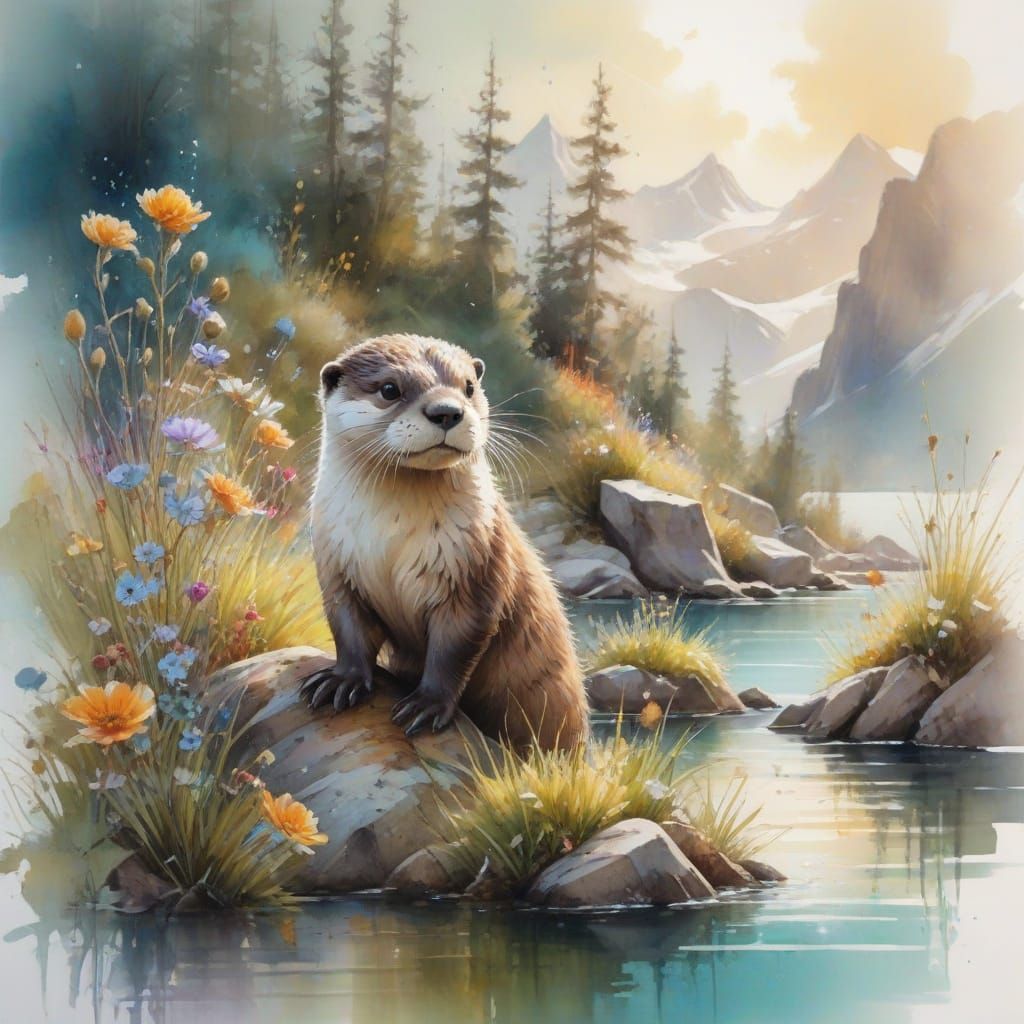 Otter at Alpine Lake: Watercolour and Cinematic Style