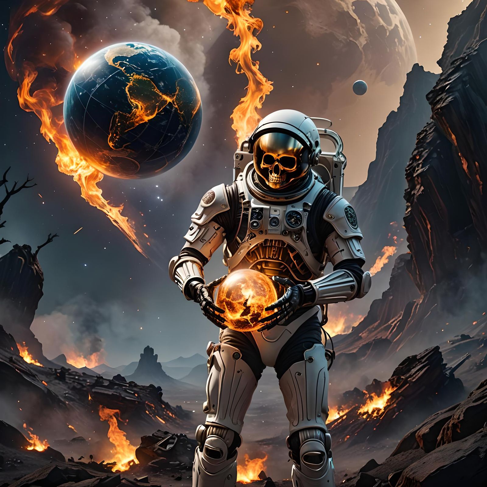 Skeleton Astronaut with Burning Globe in Space
