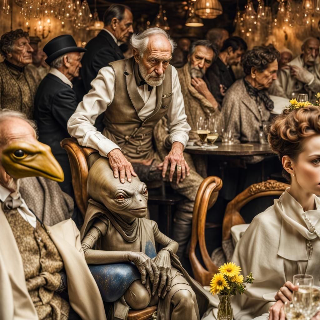 Alien Celebration in Surreal Restaurant: Hyperrealist Painti...