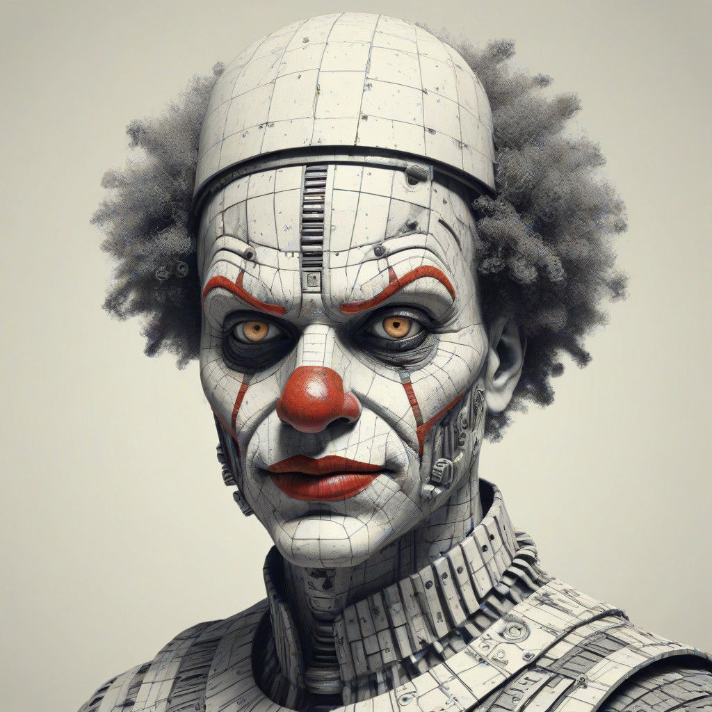 Cyborg Clown Spy in Retro Surreal Portrait