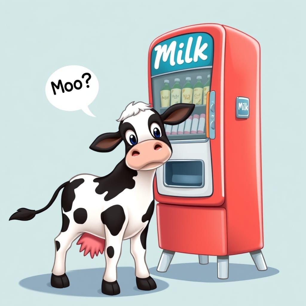 Cartoon of a black and white calf, speech bubble 'Moo?', standing looking at a vending machine labled 'Milk'