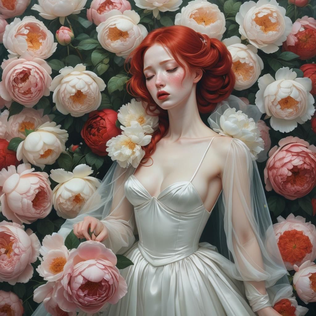 Crying Red-Haired Bride with Flowers, Surreal Portrait