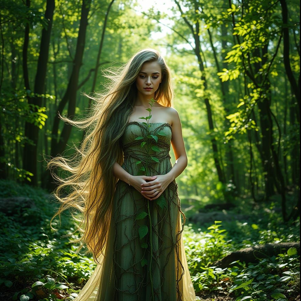 Enchanting Forest Nymph with Sapling, Photorealistic Style