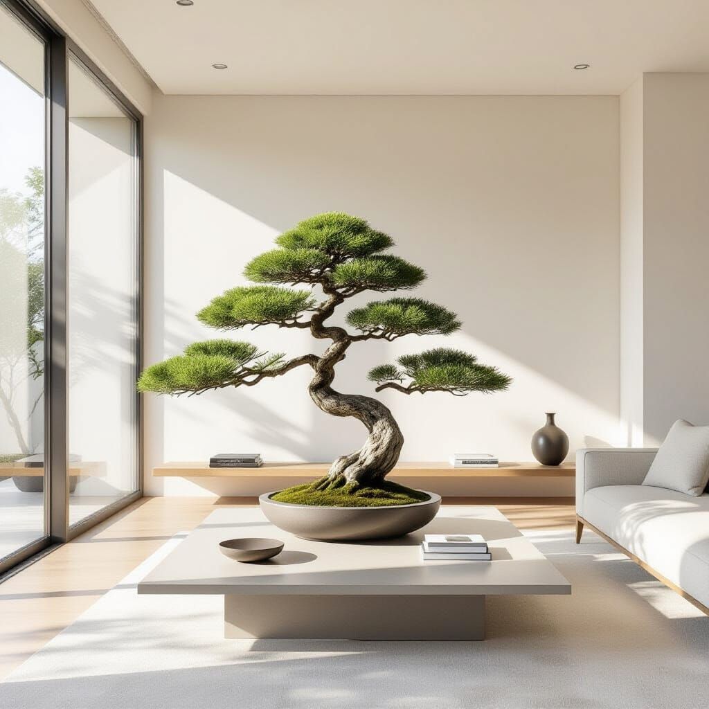 Minimalist Living Room with Bonsai Tree in Soft Light