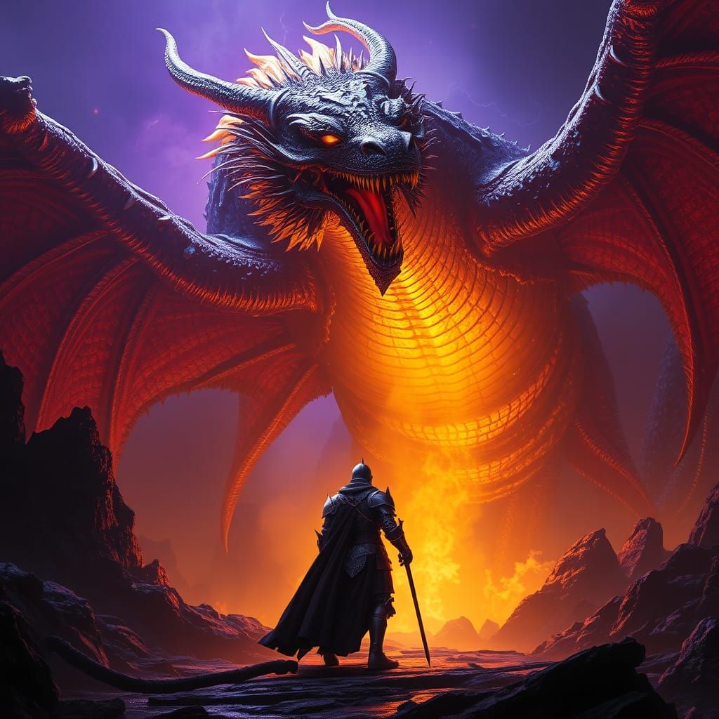 Knight and Dragon Clash: A Dark Fantasy Battle