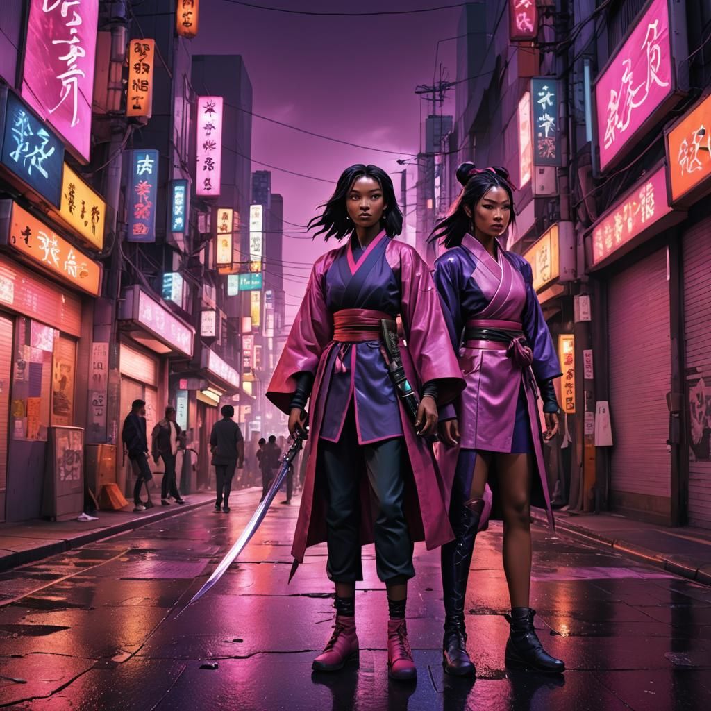 Blade and Mulan in Tokyo Street: Anime-Inspired Art