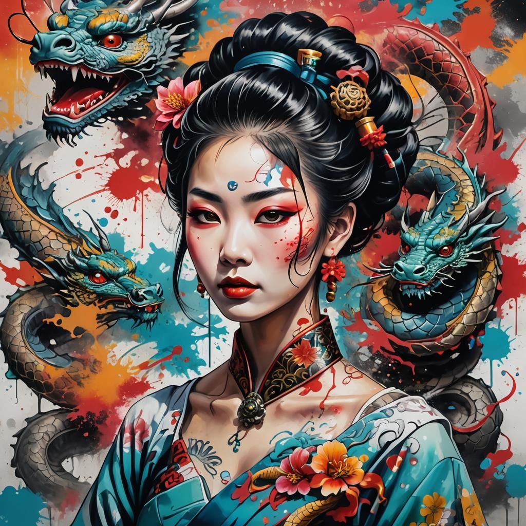 Geisha Portrait with Dragon Tattoo in Graffiti Art Style
