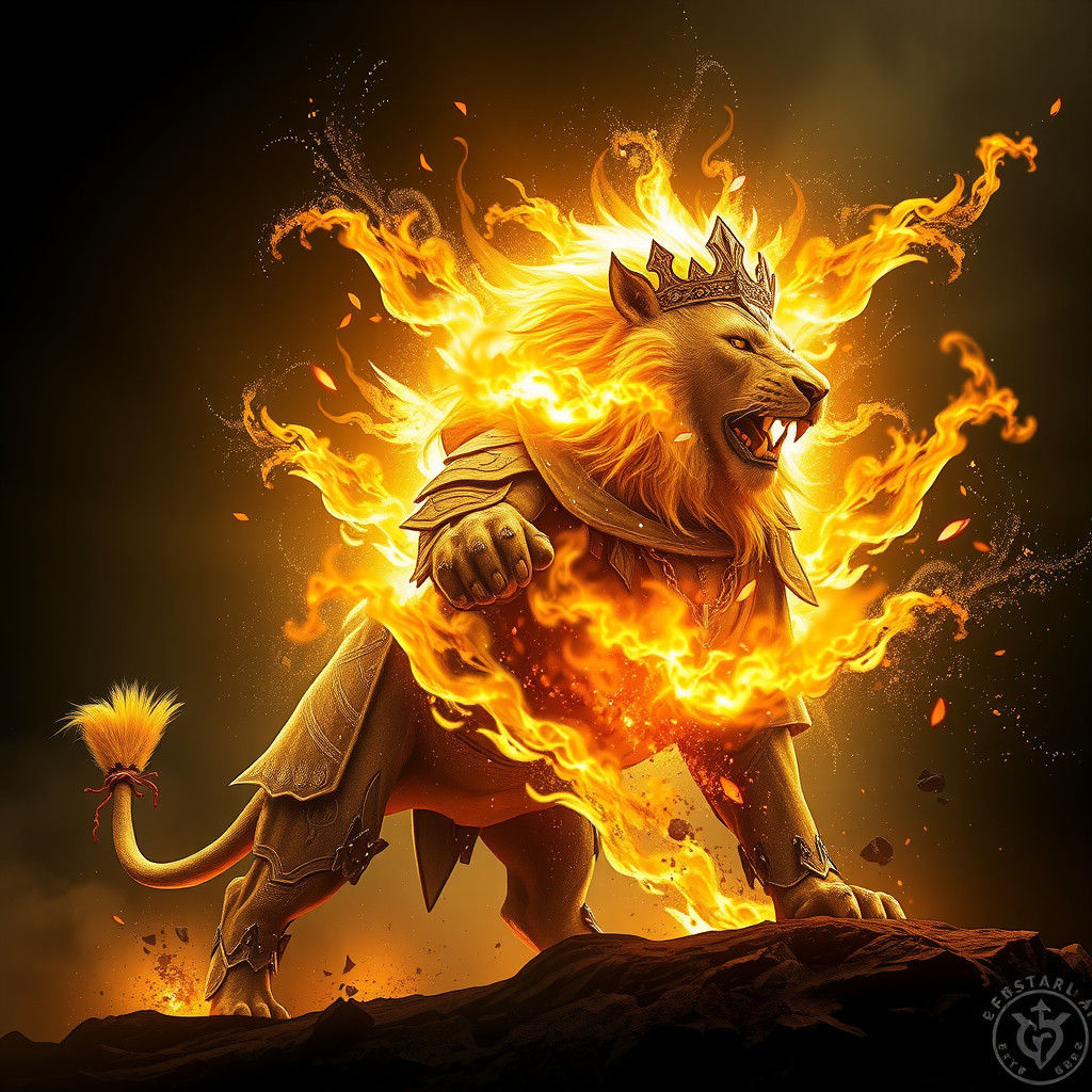 Lion Warrior Disintegrating in Golden Flames