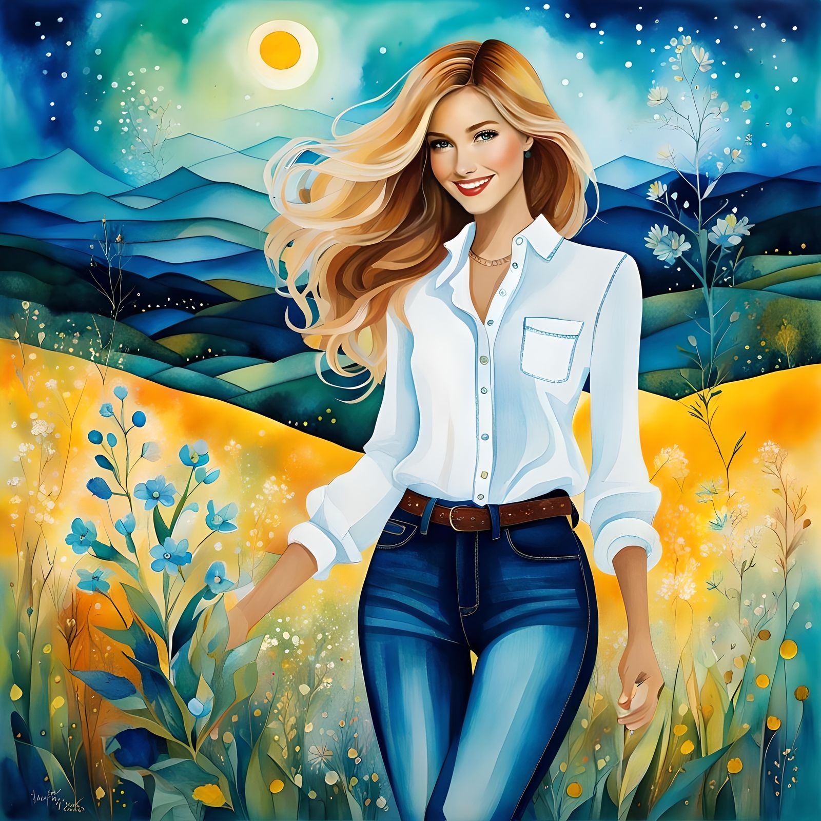 Smiling Girl in Valley, Alcohol Ink Digital Painting