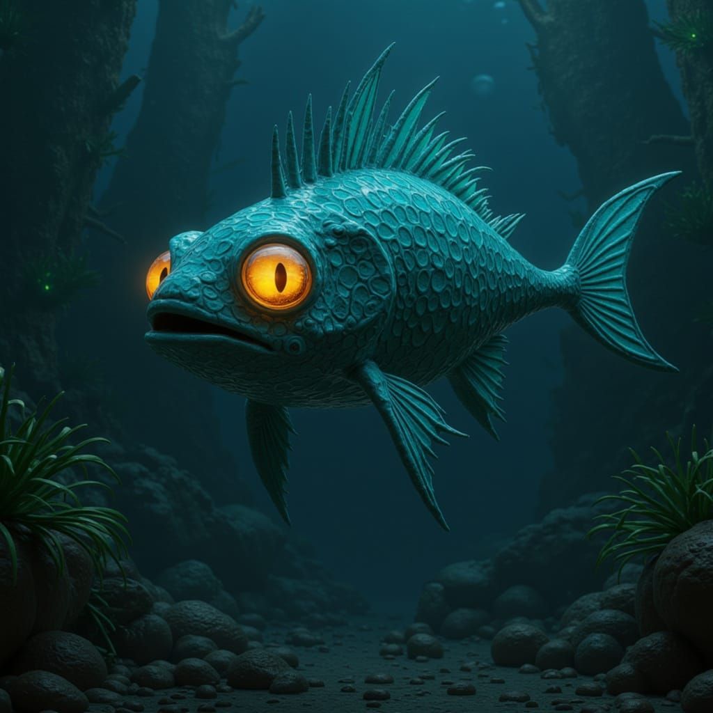 Glowing Fish with Expressive Eyes in Gothic Art
