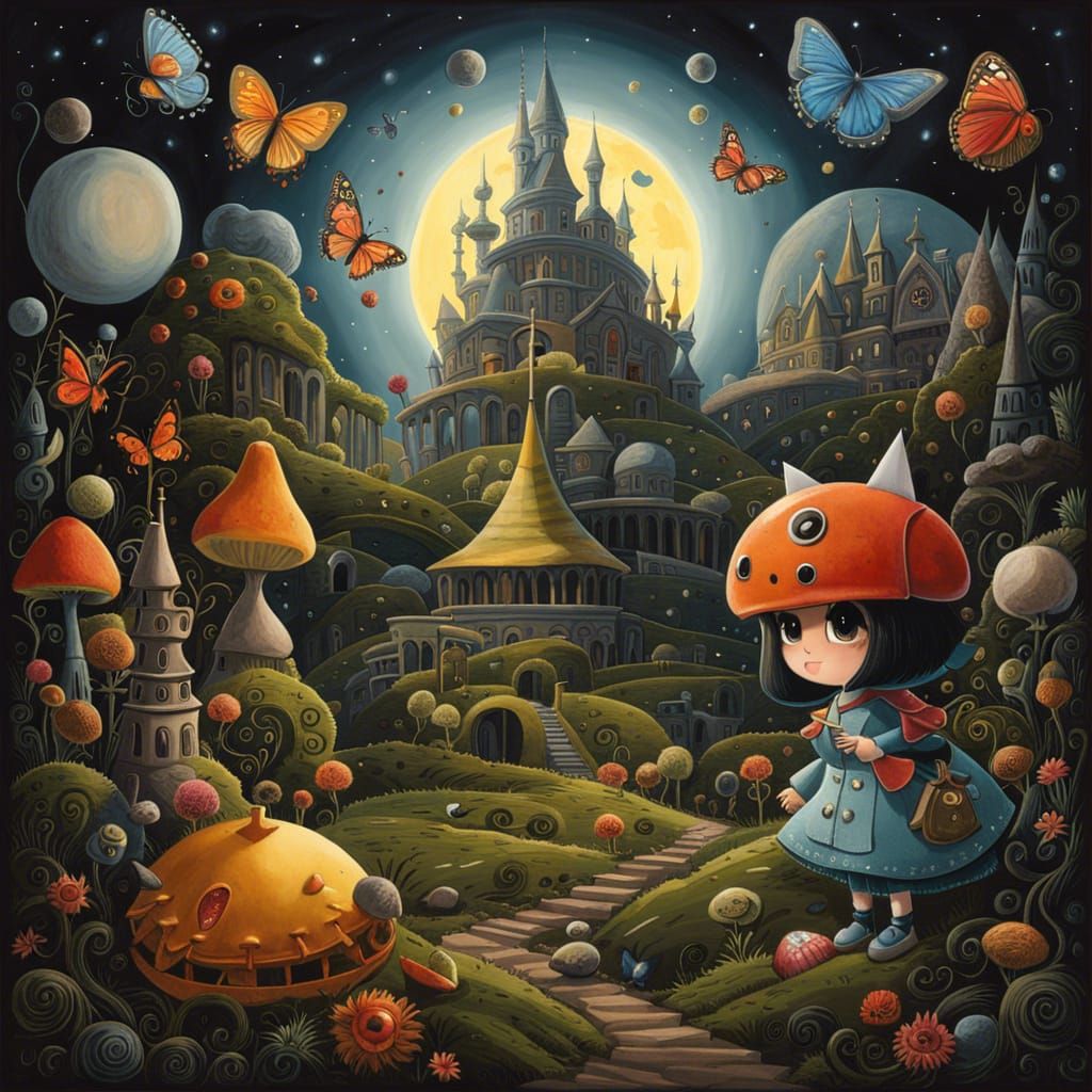 Surreal Gothic Mushroom Landscape with Butterflies and Clock...