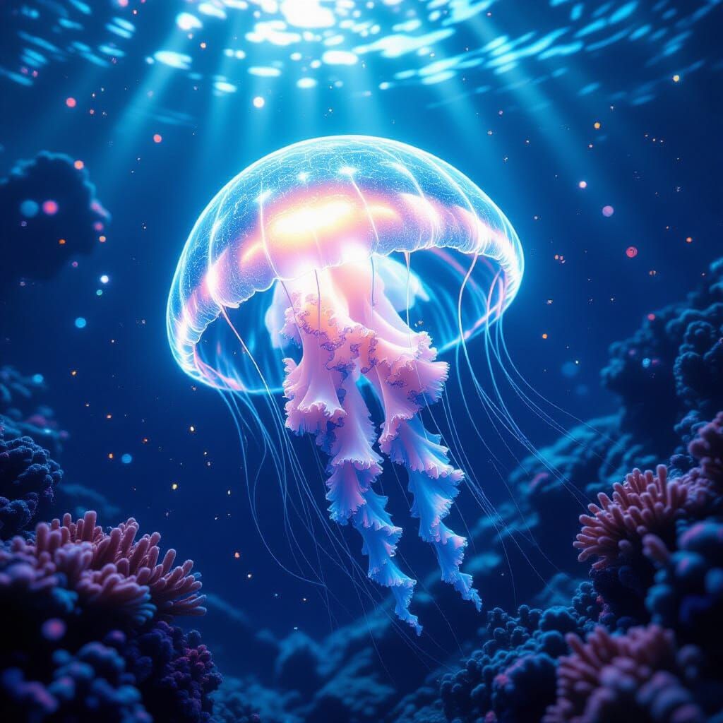 Bioluminescent Jellyfish Gliding Through Alien Ocean