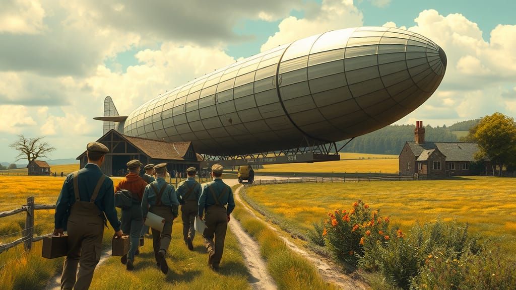 Airship Over English Countryside: Nostalgic 20th Century Sce...