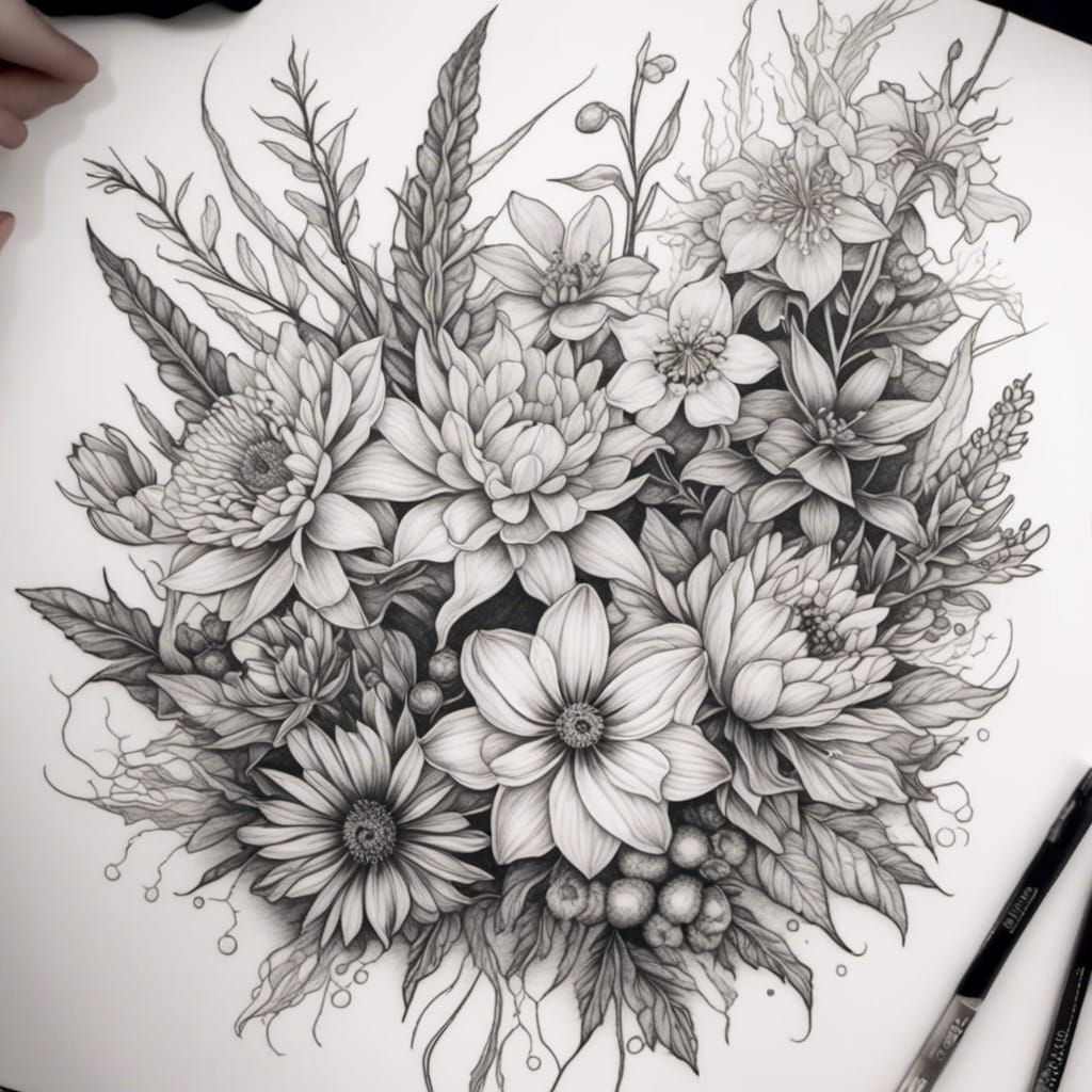 Floral Tattoo Outline: Larkspur, Lily, Chrysanthemum, and Mo...