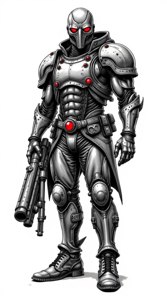 Cyberpunk Armored Steel Man Ink Drawing