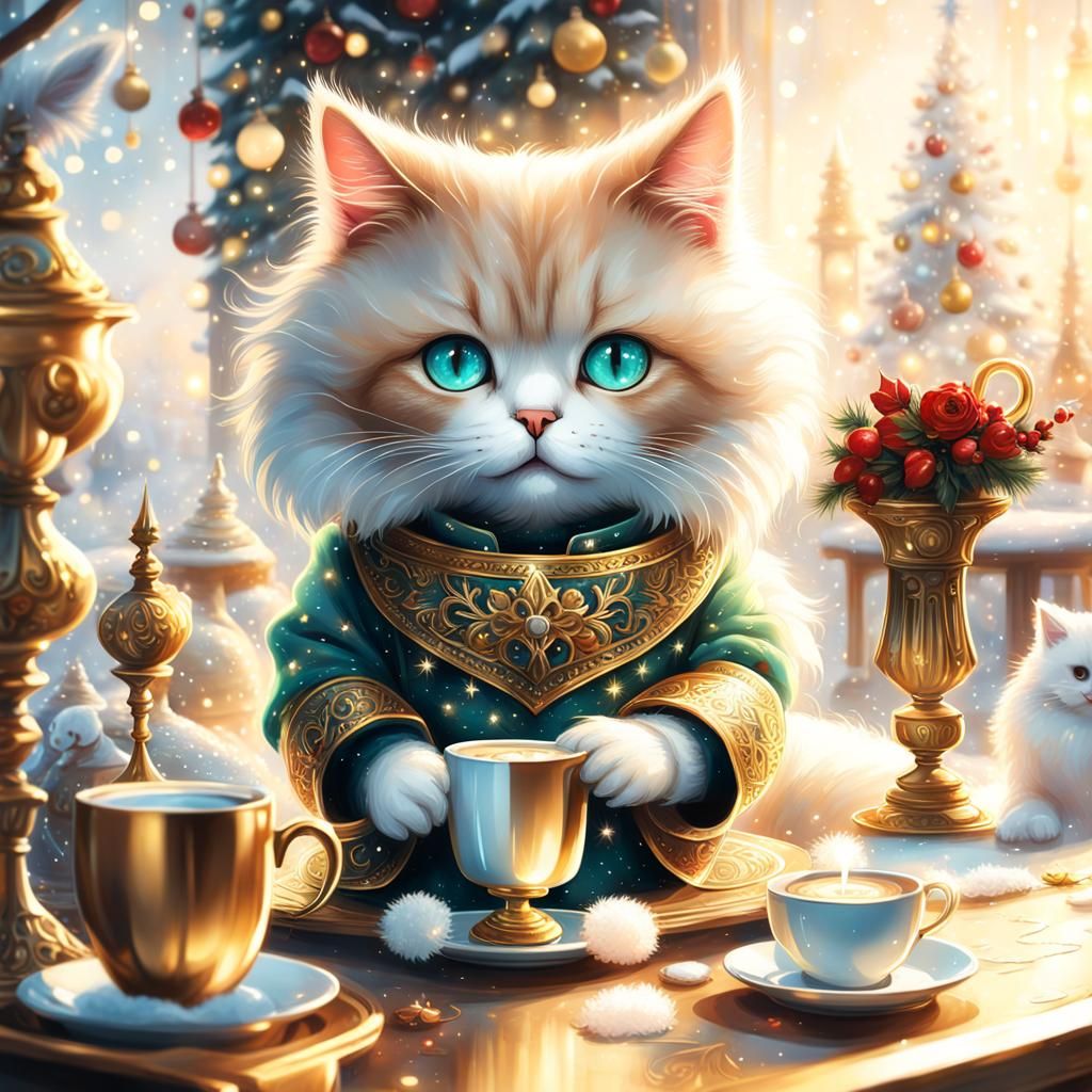 Whimsical Christmas Cat Sips Coffee by Golden Hour