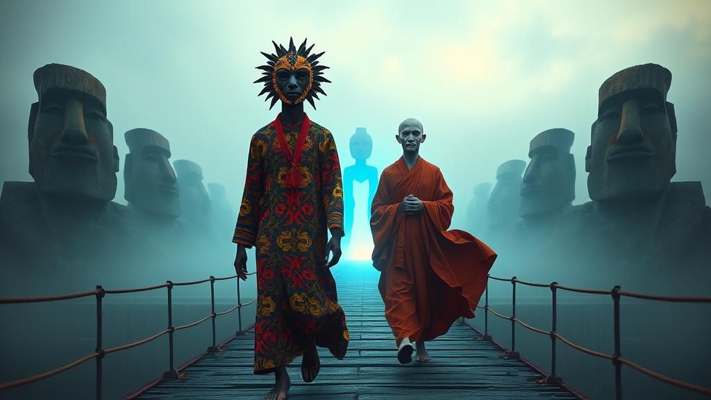 African Woman and Alien Walking on Easter Island Bridge