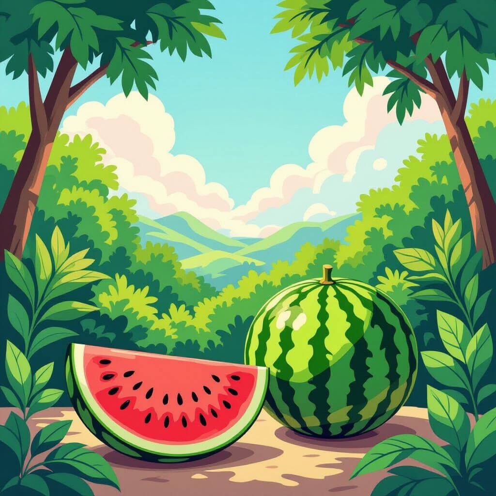 Heavenly Watermelon in Detailed Gouache Style