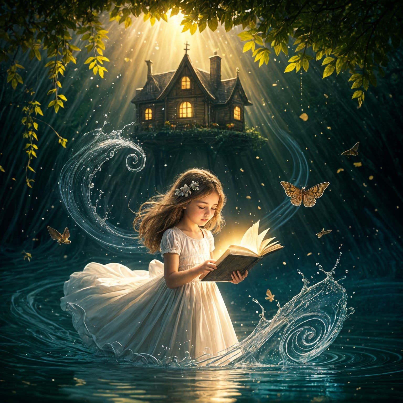 Girl Gazing at Book in Dreamlike Setting