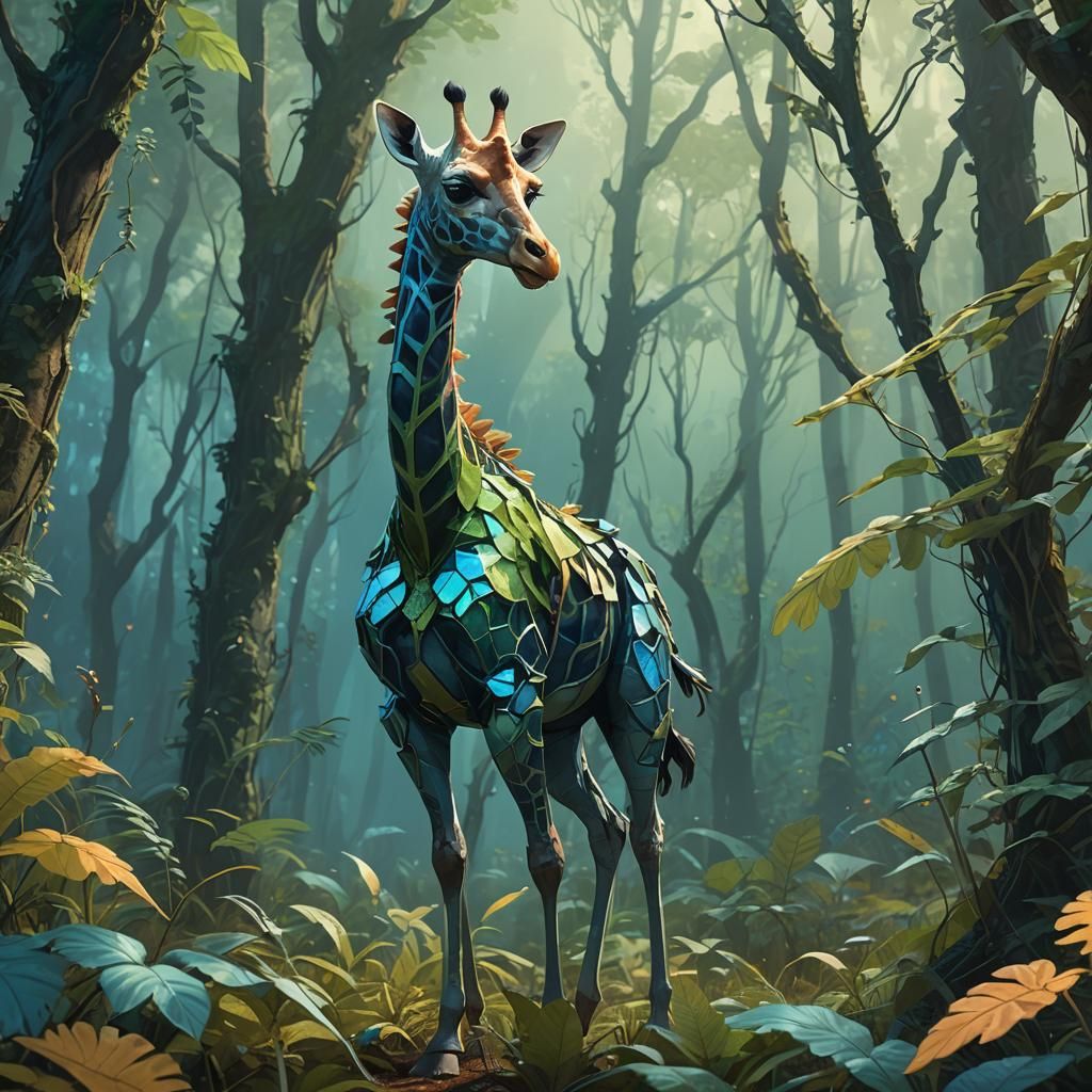Fairy Giraffe in Lush Forest, Fantasy Art