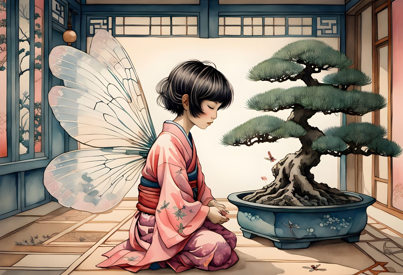 Bonsai Fairy Watercolour Illustration with Ukiyo-e Decor