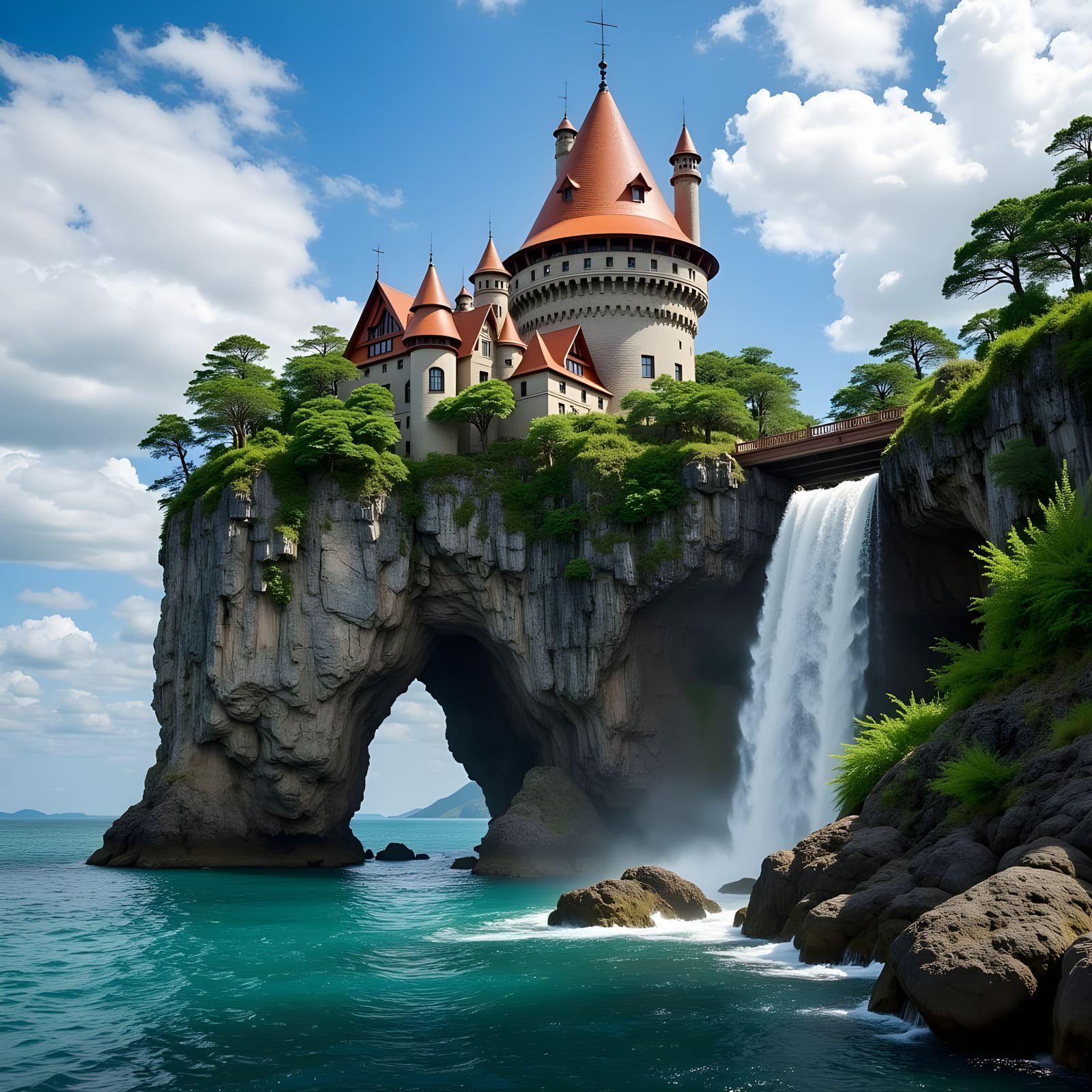 Hi-Tech Sci-Fi Castle Utopia with Waterfalls