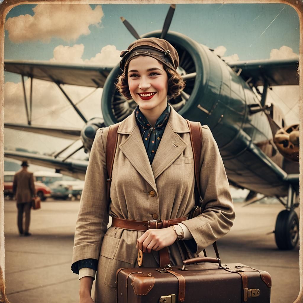 Vintage Travel Poster of Woman by Airplane