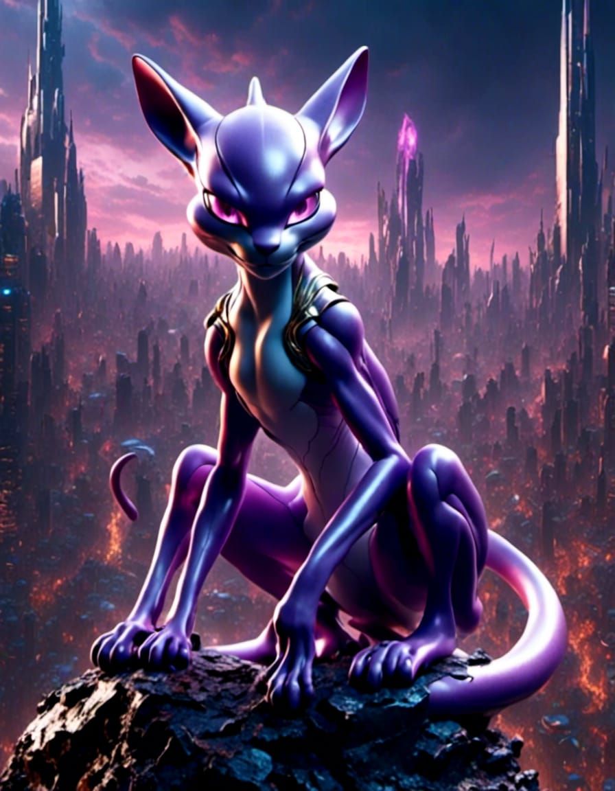 Mewtwo Close-Up in Cityscape: Game Art