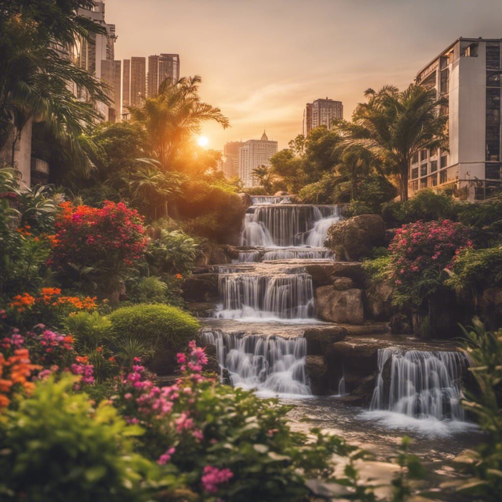 City Waterfall Garden at Sunset: Professional Photography