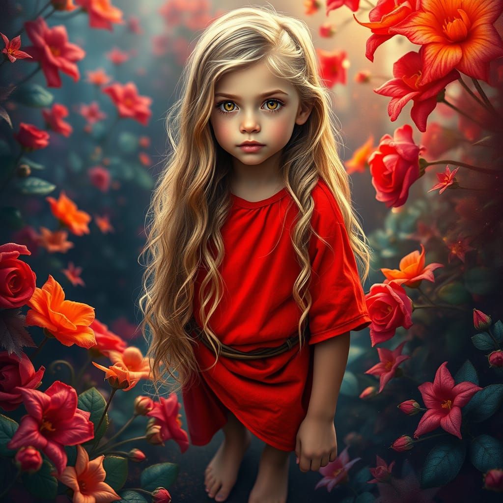 Girl in Vibrant Red Tunic with Enchanted Floral Surroundings