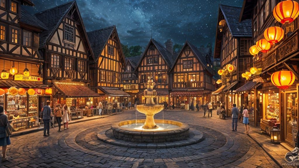 Festive Village Square Illuminated by Lanterns