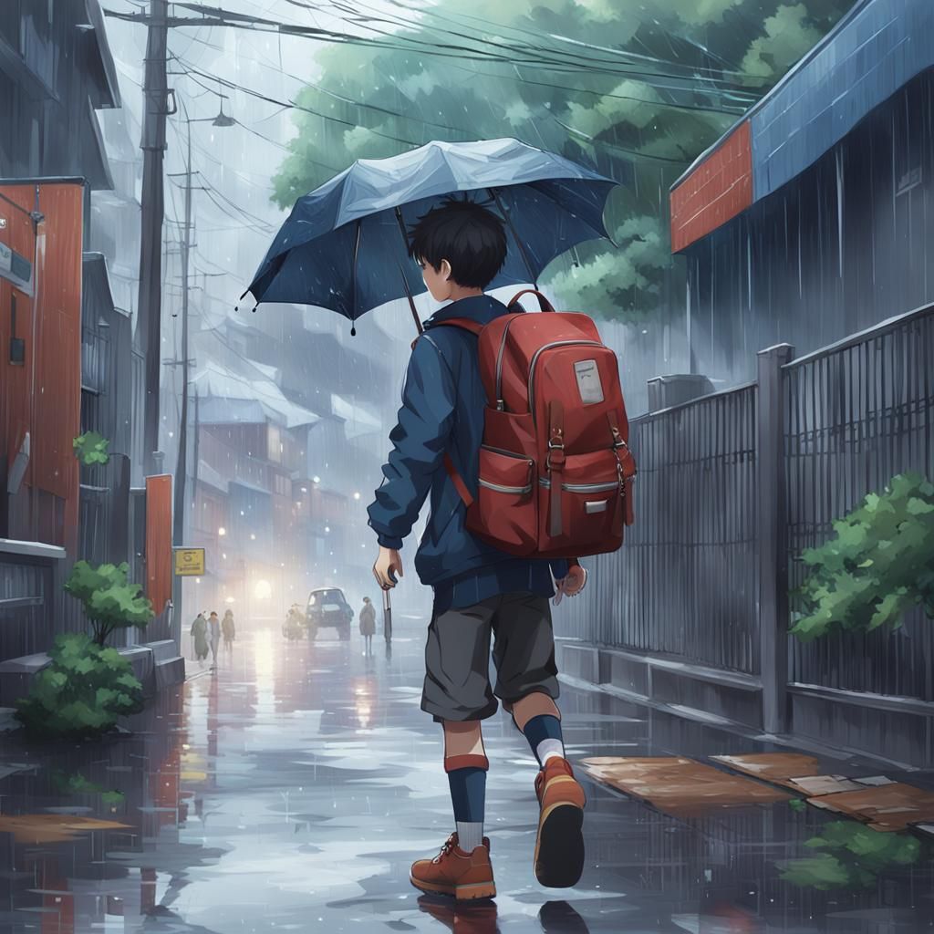Anime Boy Walks to School in Rain