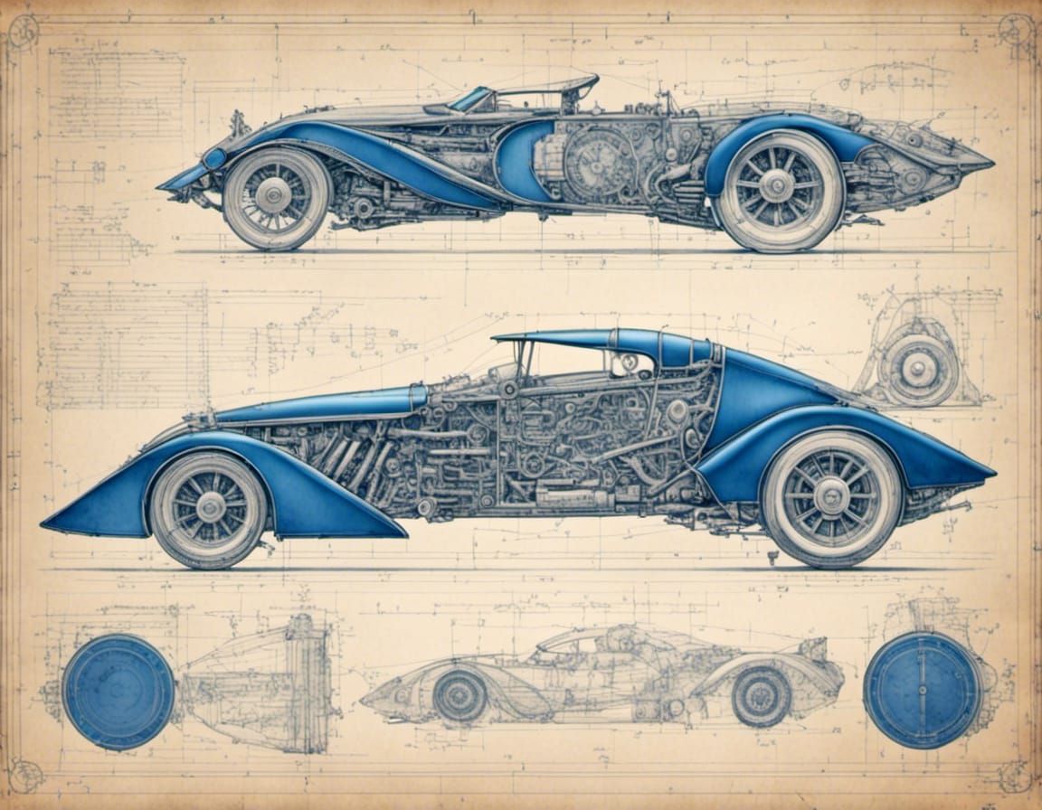 Batmobile Blueprint Schematics in White Ink