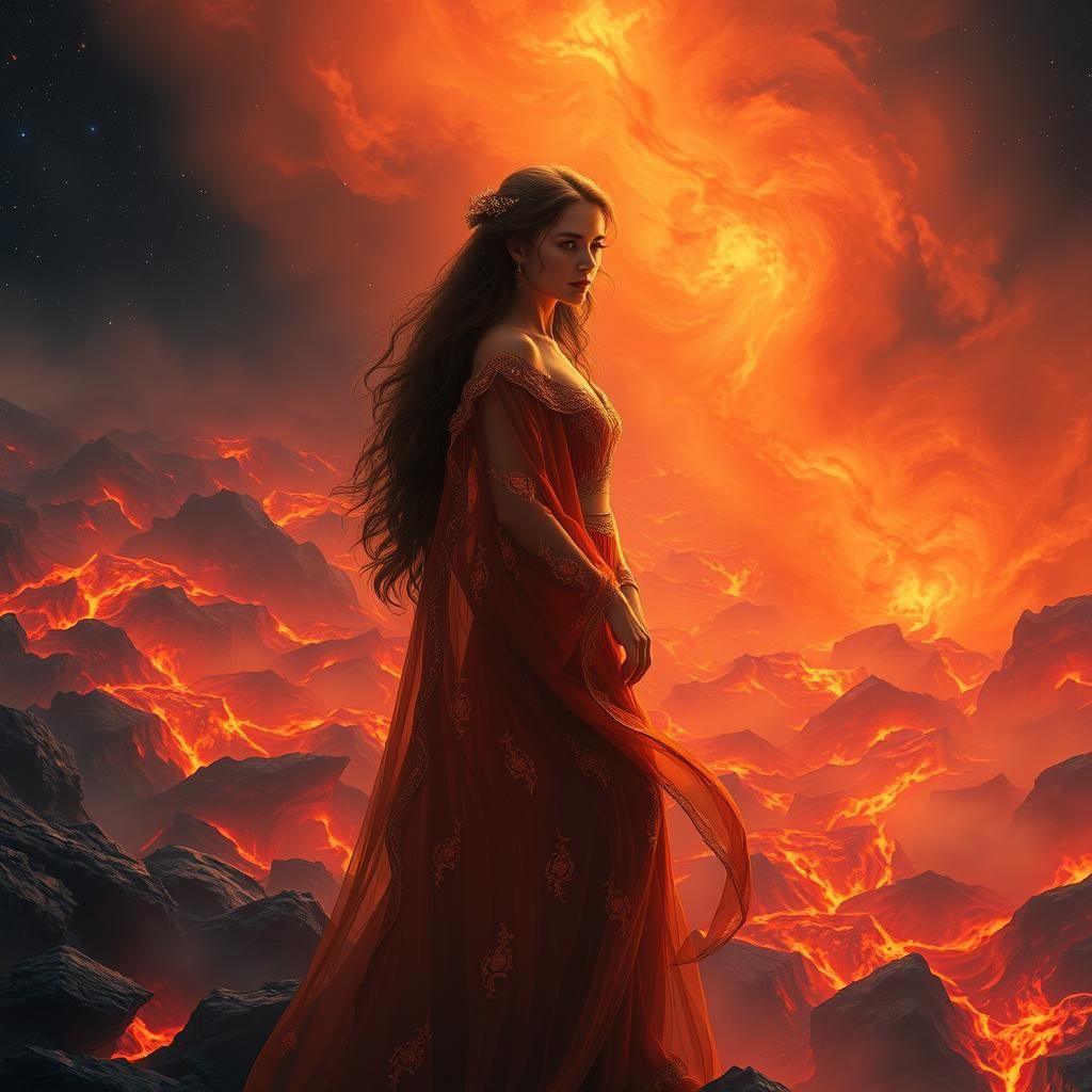 Ethereal Lava Woman in Fantasy Landscape