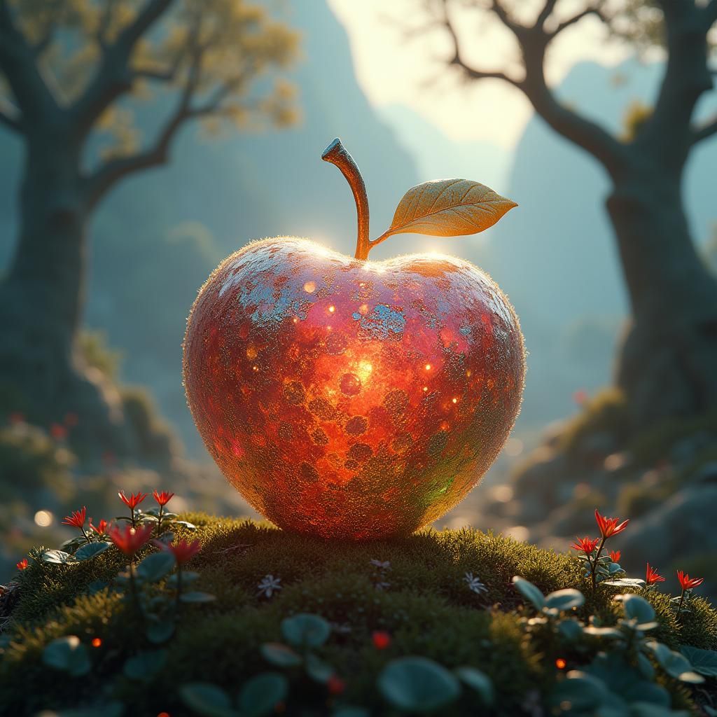 Iridescent Apple Radiating Light in Dreamlike Landscape
