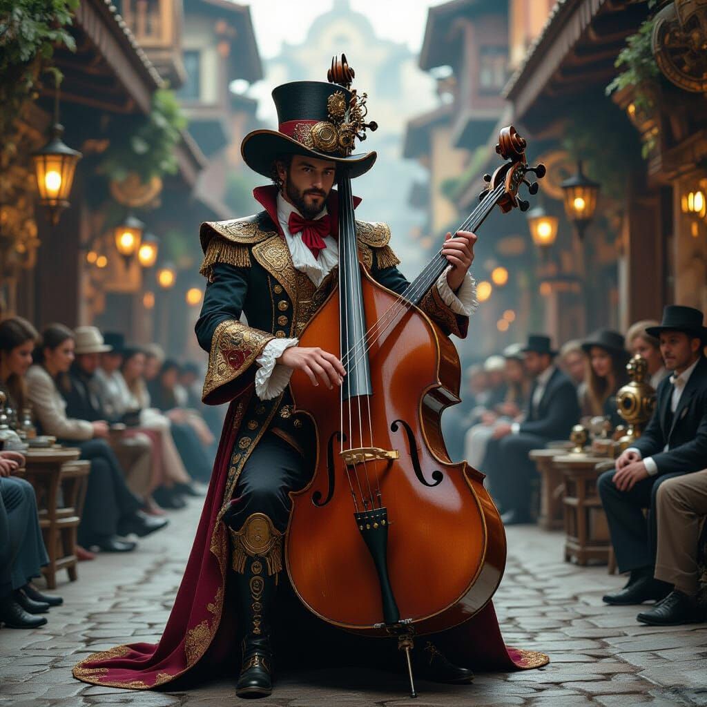 Steampunk Clockwork Musician Plays Guembri Bass