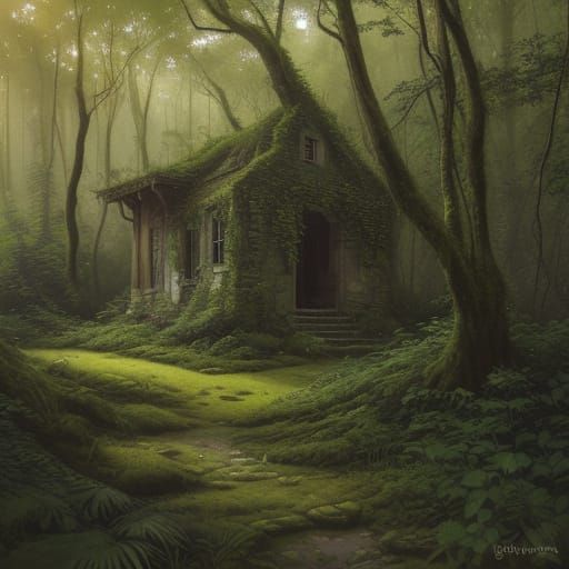 Whimsical Forest Ruin in Watercolor Style