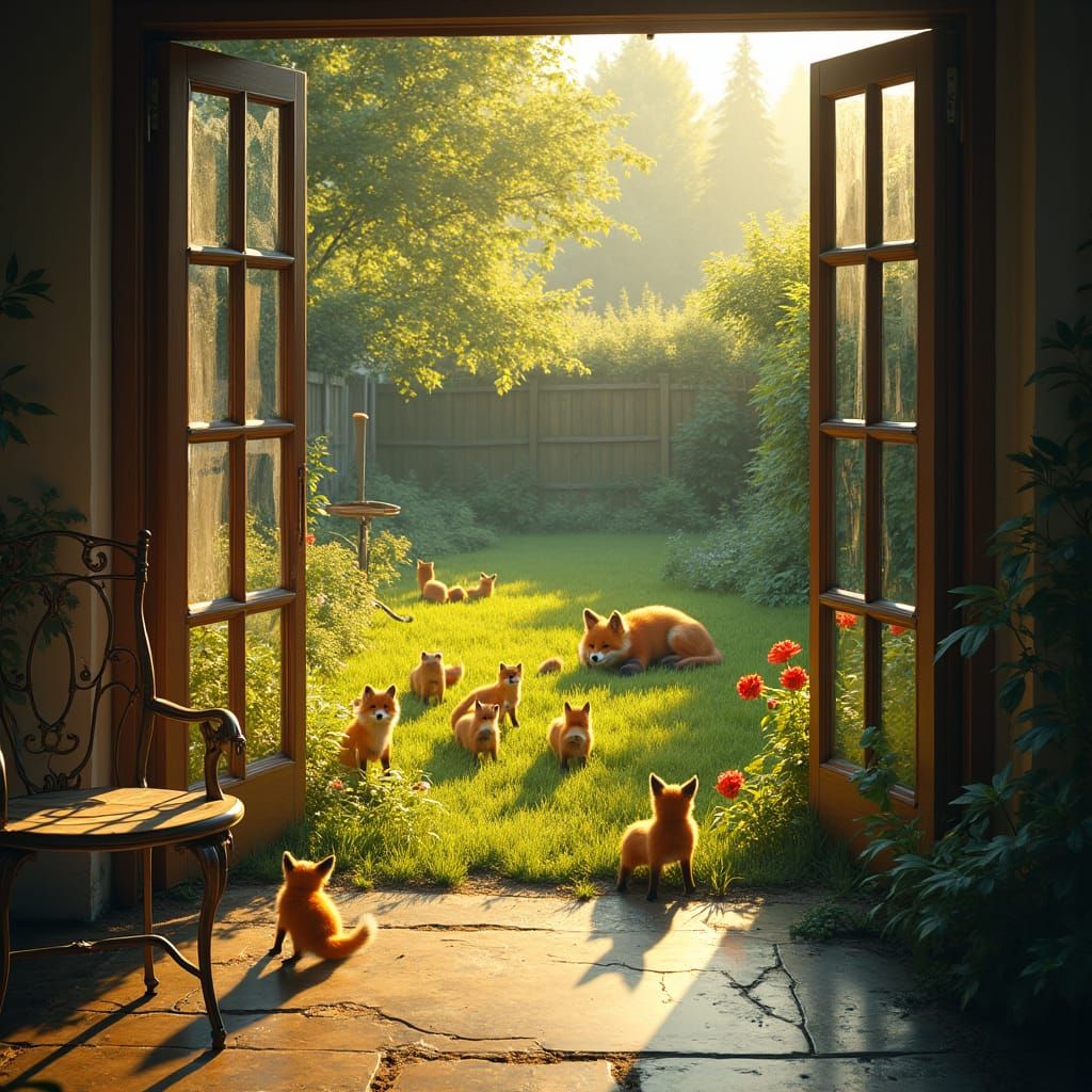 Fox Family Frolics in Golden Lit Garden