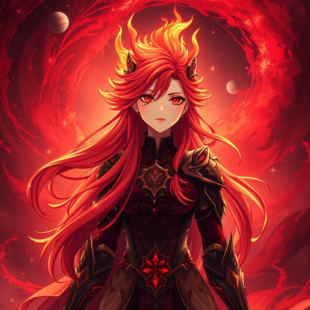 Anime Fire Queen in Cosmic Nebula, Cel-Shaded Style
