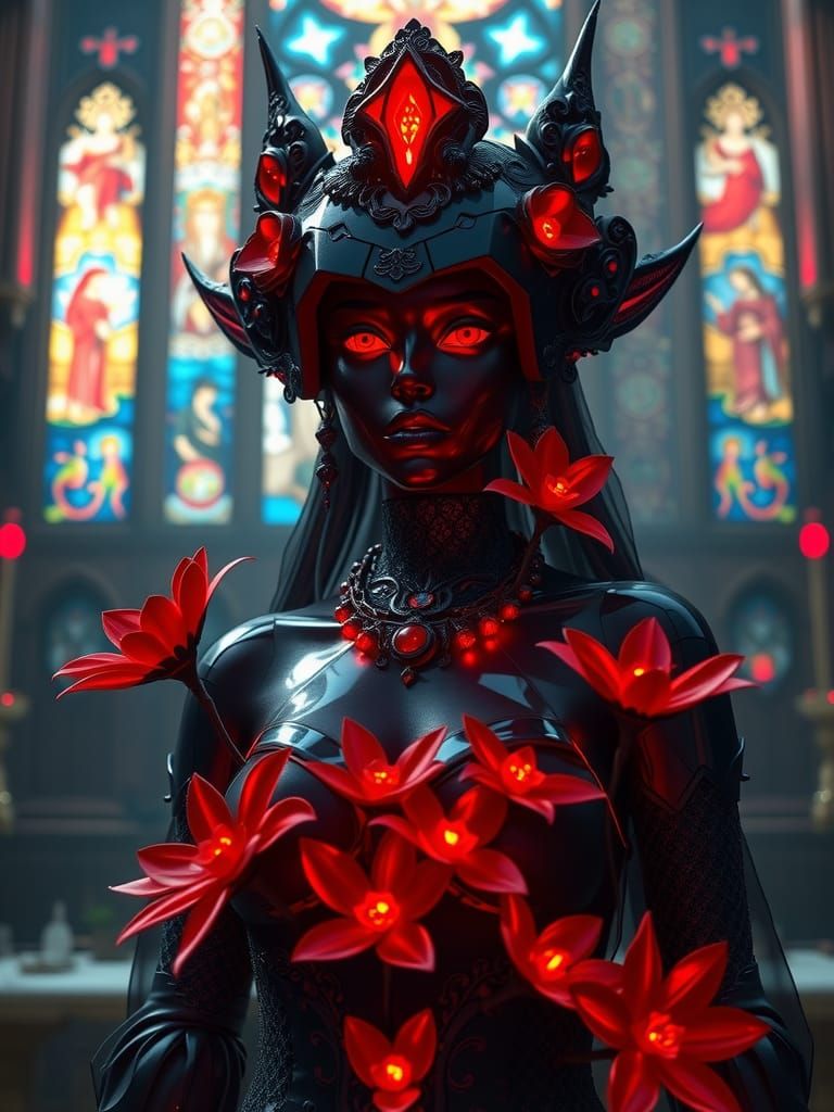 Gothic Crystal Girl with Red Flowers in Surreal Altar