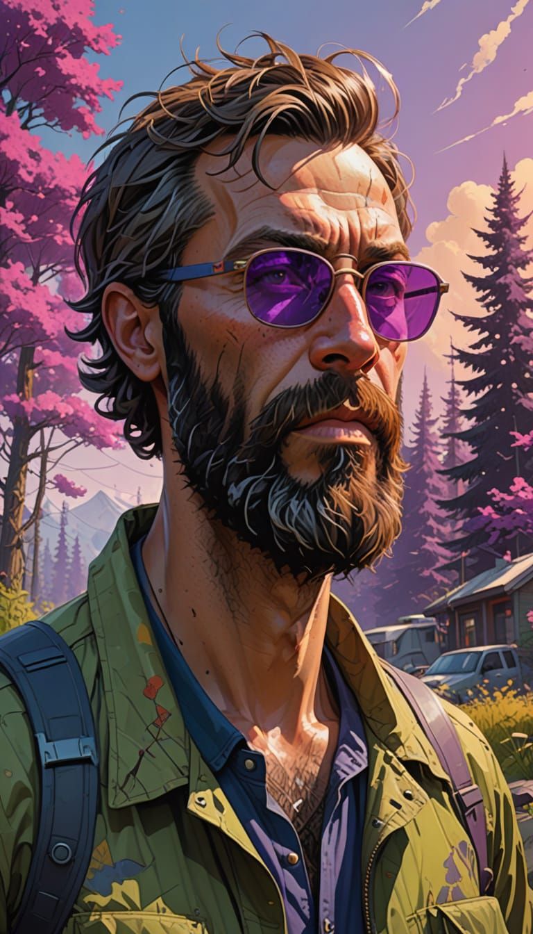 Bearded Man in Vibrant Sunglasses, Bathed in Golden Light