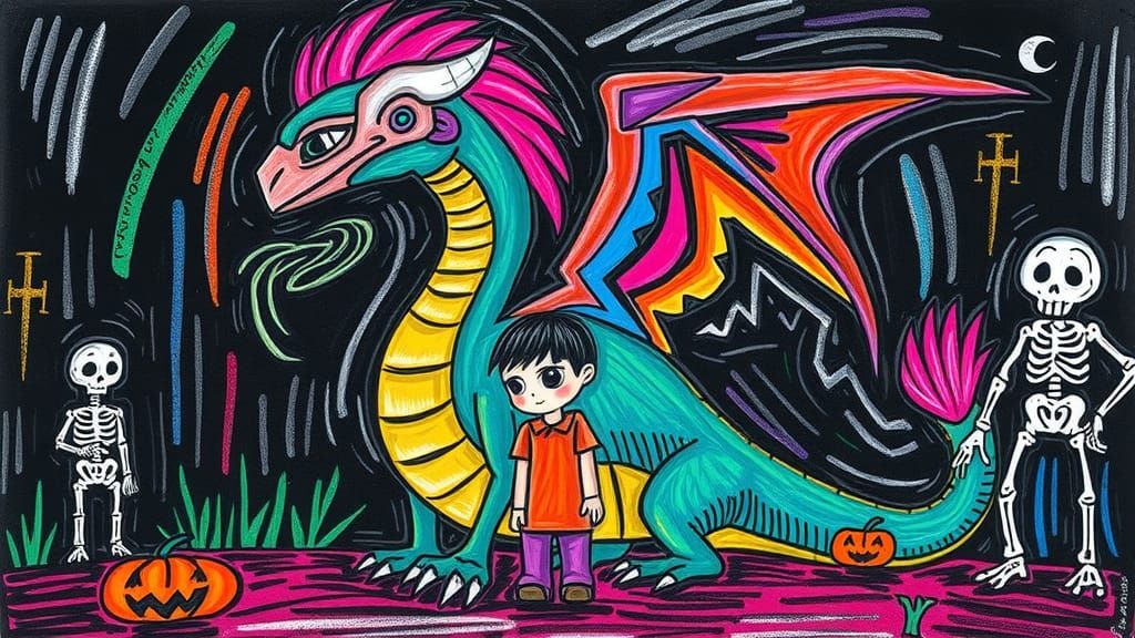 Aztec Dragon Protects Child: Crayon-Style Whimsical Art