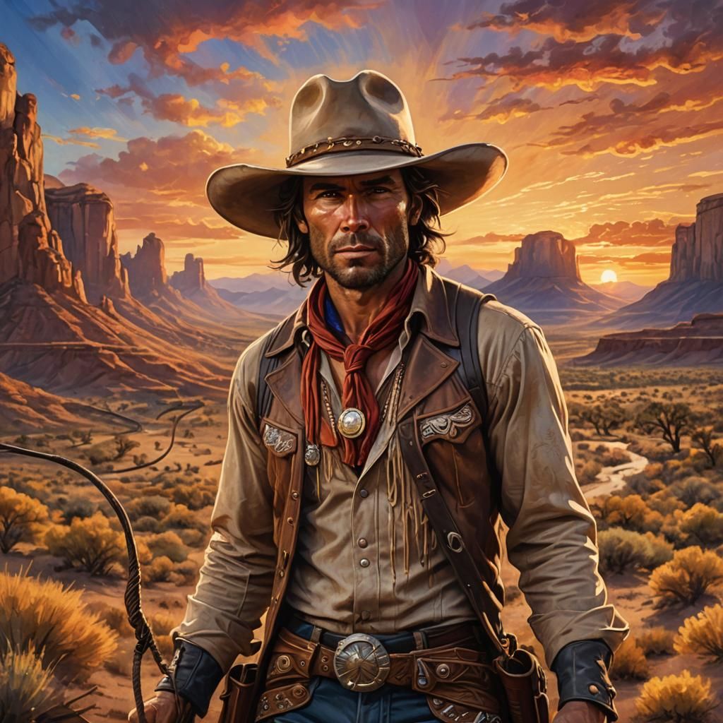 Bare-Chested Cowboy in Fantasy Western Landscape