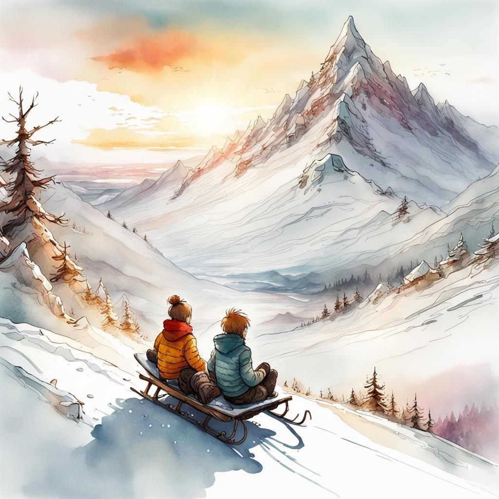 Calvin and Hobbes Sledding: Watercolor Mountain Sunrise