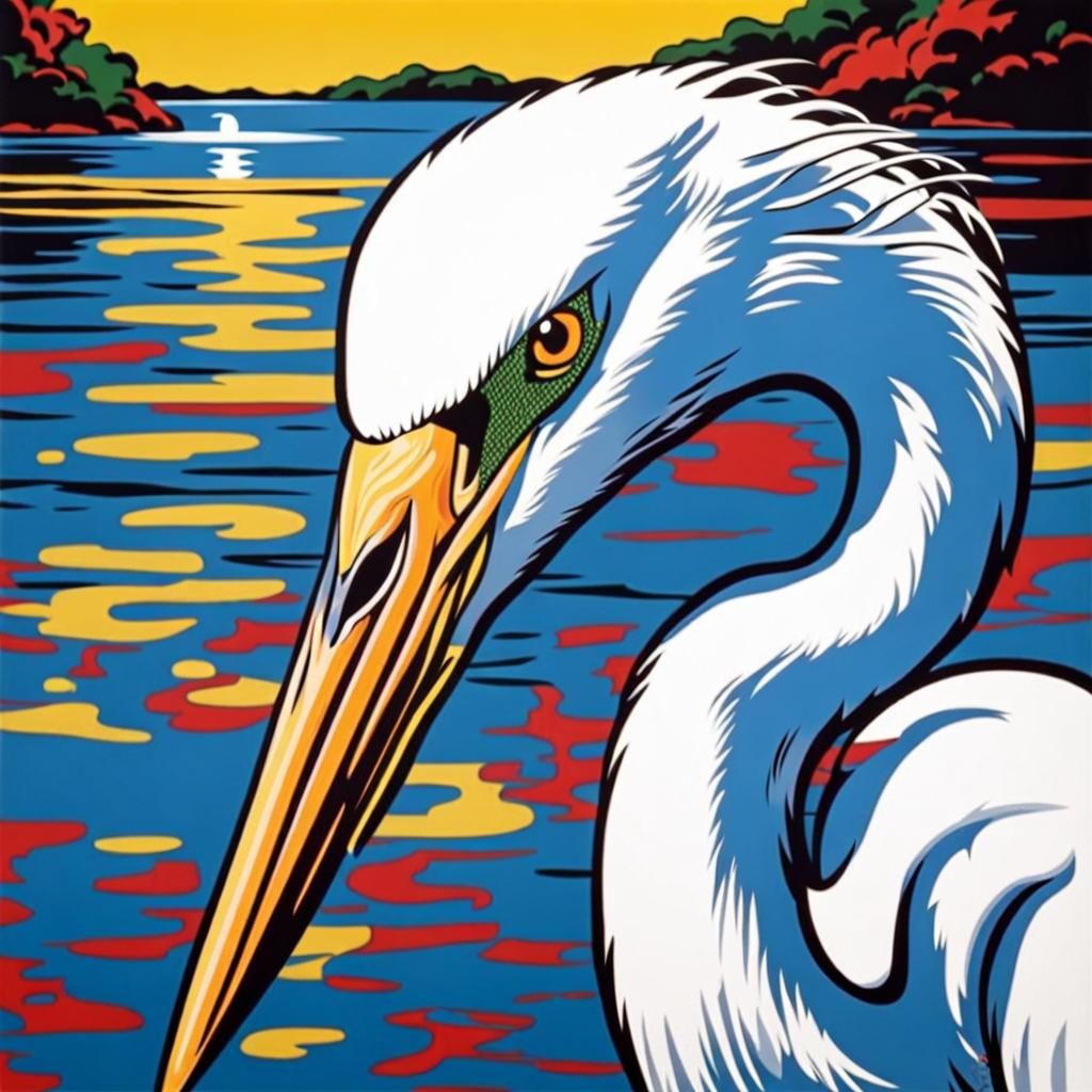 Pop Art White Egret Painting in Bold Colors